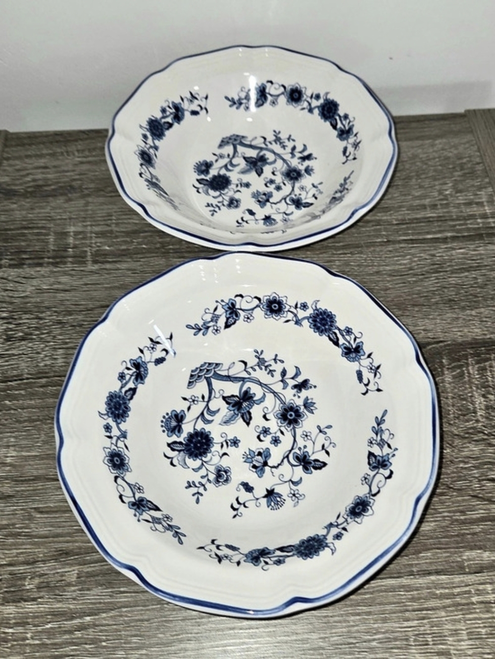Set of 2 Hankook Seine Soup Bowl Blue White Floral Scalloped Korea 7"